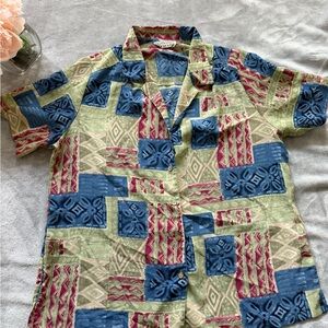 Vintage Donnkenny blue and Green Casual Button Down Shirt with Patchwork Design